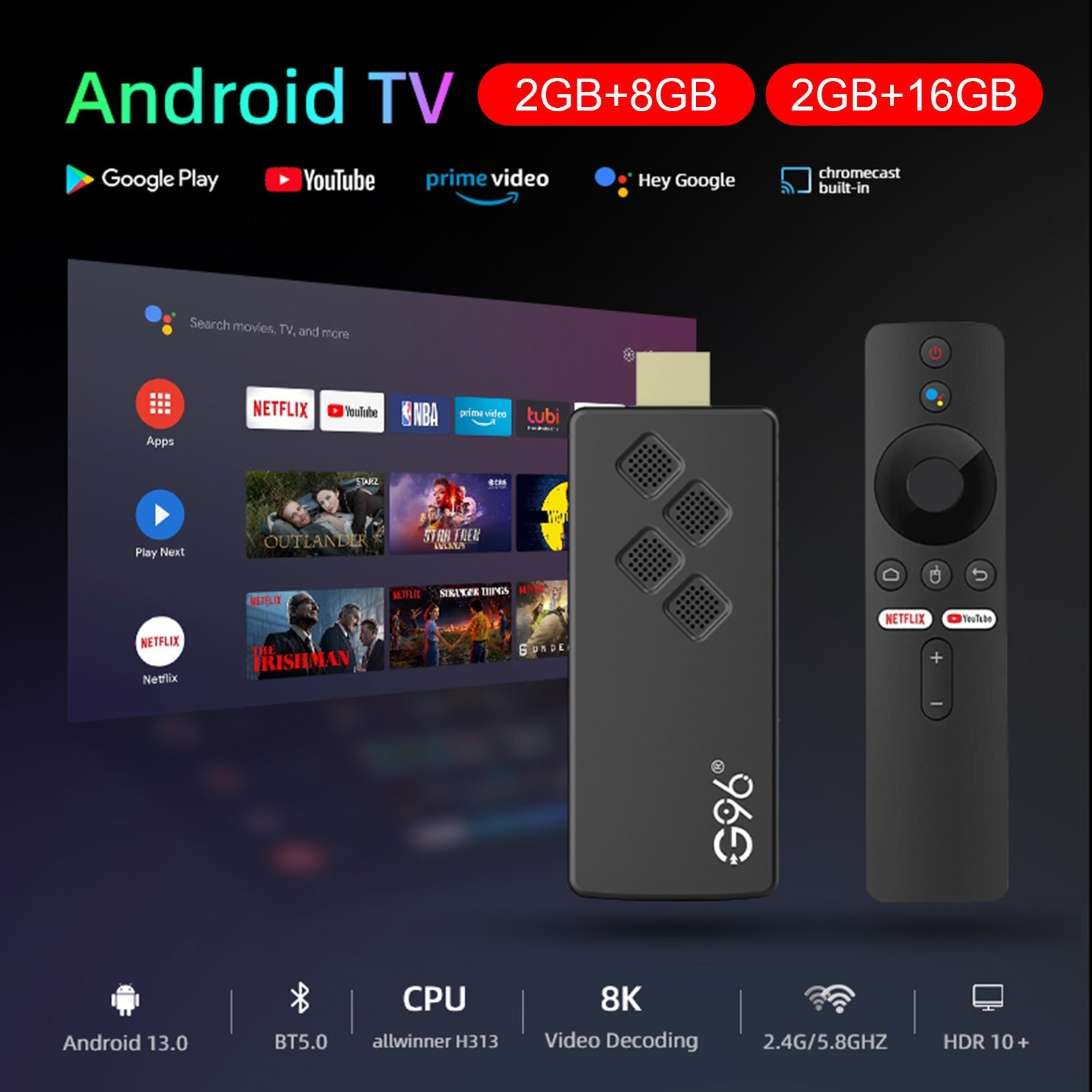 G96 TV Stick Android13.0 Decodificador de doble banda Reproductor 4K Bluetooth Voice TV BOX