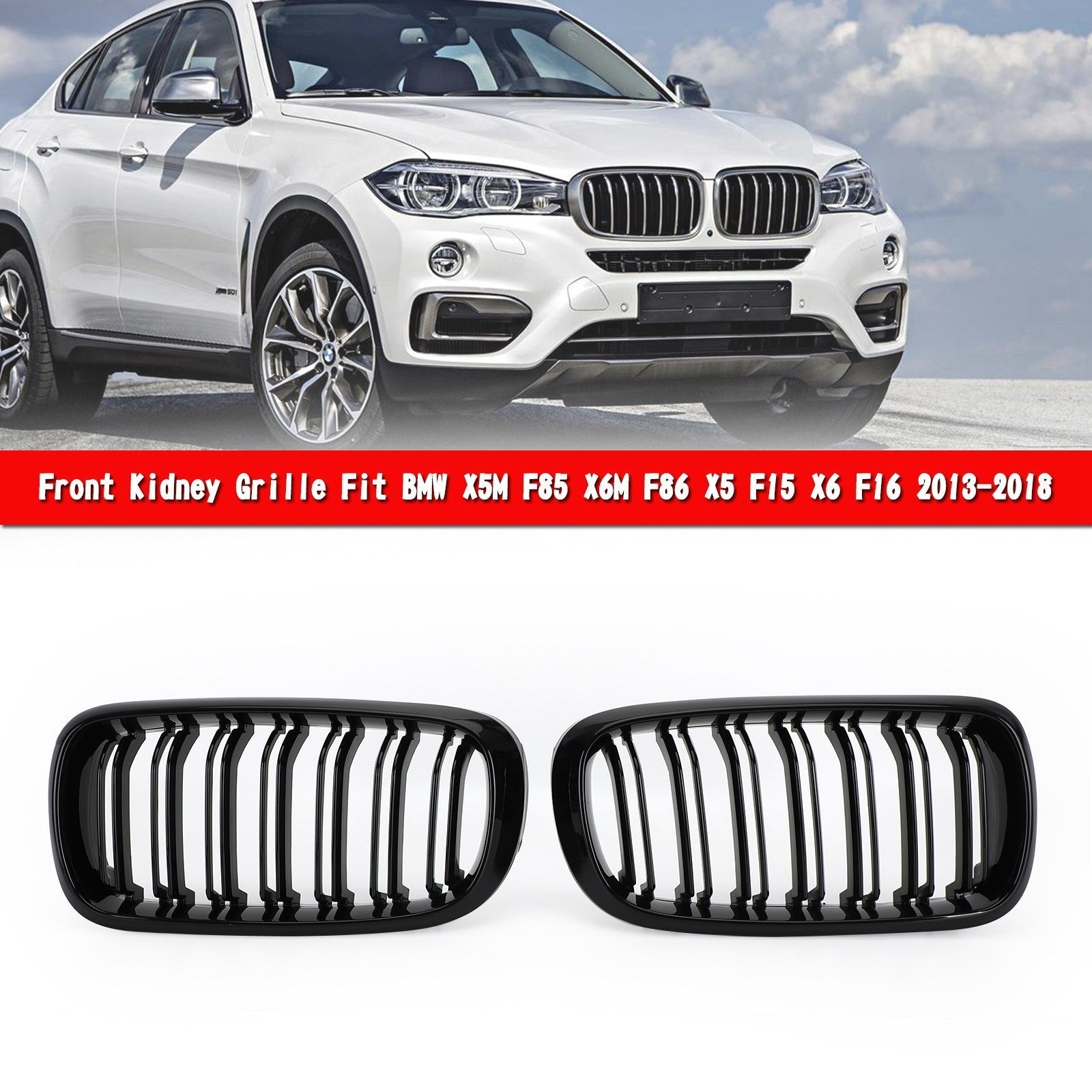 Gloss Black Dual Front Kidney Grille Fit BMW X5M F85 X6M F86 X5 F15 X6 F16 13-18 Generic