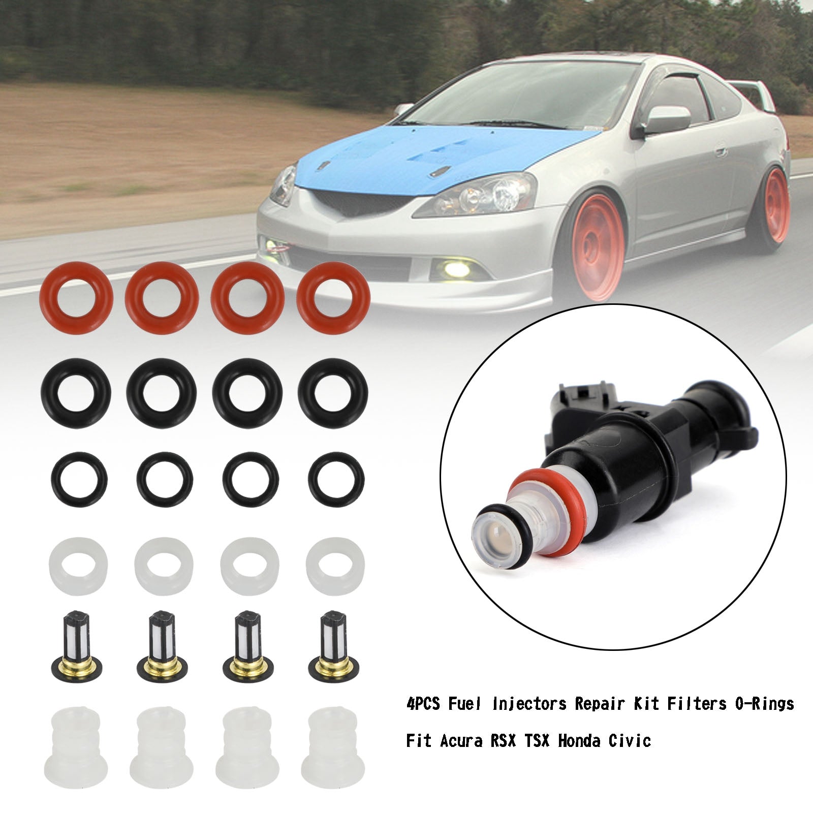 Kit de reparación de inyectores de combustible, 4 Uds., filtros, juntas tóricas compatibles con Acura RSX TSX Honda Civic genérico