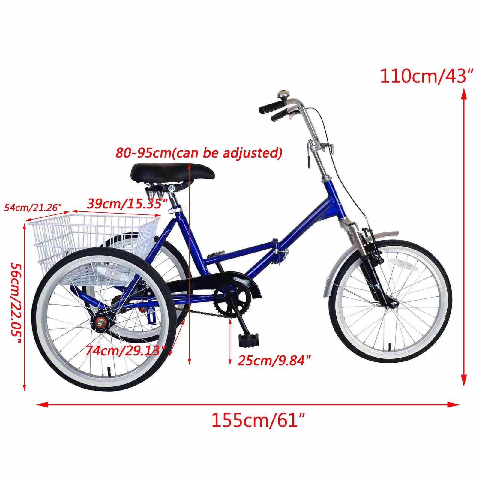 20'' Folding Tricycle Blue Foldable Adult Tricycle 3 Wheeler Bicycle